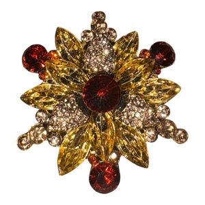 Vintage Rhinestone Navette Floral Brooch Red Yellow Gold Tone J42